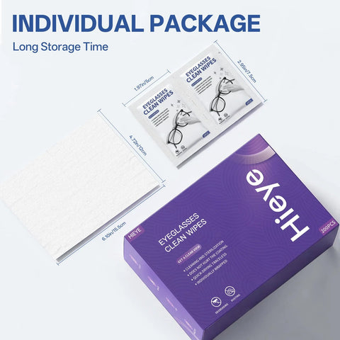 Eyeglasses cleaning wipes box, 200 pcs, purple HEYE packaging with two individually wrapped sachets