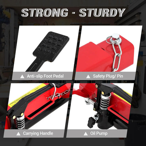 Detailed view of Rock Solid Wheel Dolly Set With Hydraulic Tire Jack And Twin Rollers features like foot pedal, safety pin, handle, and oil pump.