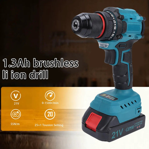Rugged Brushless Cordless Drill Delivers 55 Nm Of Knob Twisting Torque And Twin Speed Settings, showcasing a 1.3Ah li-ion battery.