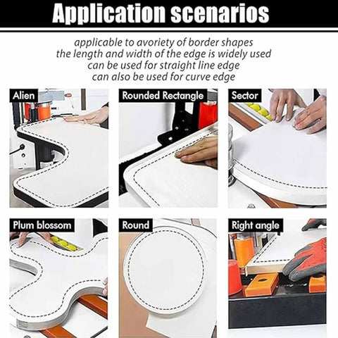 Different border shapes demonstrated with 1200W Portable Edge Bander For Woodworking On The Go With Adjustable Speed 5-10m/min.