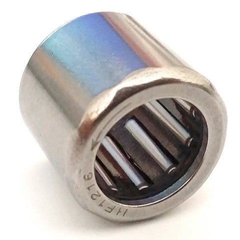Heavy Duty One Way Needle Roller Bearing Clutch Drawn Cup Open End Model HF1216 showing detailed view of metallic finish and inner rollers.