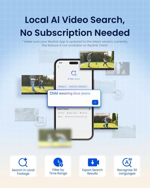 Local AI Video Search feature of Beefy 4K Floodlight Camera With 180 Degree Panoramic View Wired showcasing search results on app.