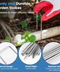Heavy Duty Garden Stakes 50 Pack 6 Inch 11 Gauge Landscape Staples securing garden landscape fabric shown.