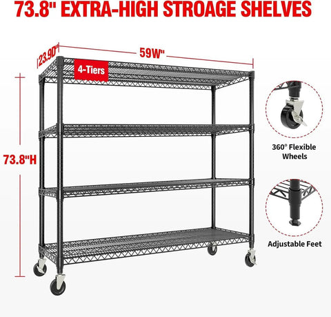 Built Different 4 Tier Metal Shelving Unit With Smooth Rolling Wheels Heavy Duty Carbon Steel Mesh Construction featuring 4 tiers and wheels.