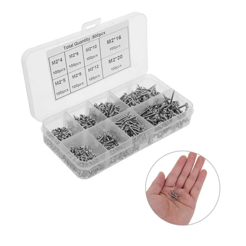 800Pcs M2 Self-Tapping Screws Assortment Kit in storage case with screws shown in hand