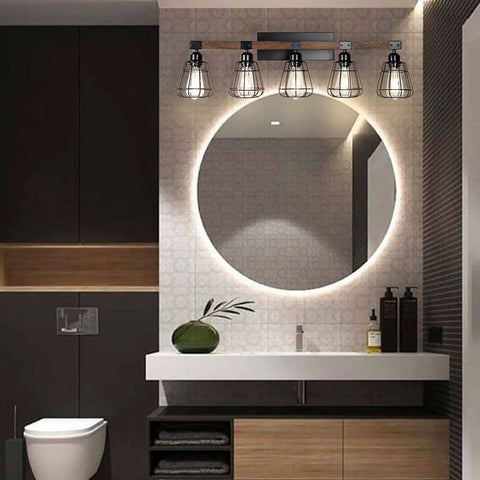 Five Light Farmhouse Vanity Light With Black Wood And Metal Cage For Bathroom Over Mirror, illuminating round mirror