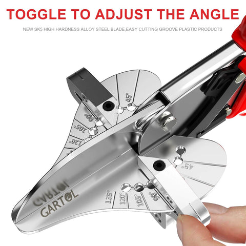 Close-up of Ratchet Miter Shears Multi-Angle Cutter 45-135° Single Pack, showing SK5 blade and adjustable aluminum fence.