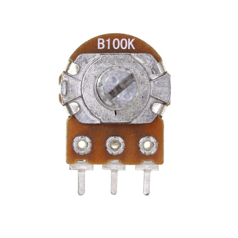Front view of a Ten Pack Horizontal Single Turn Potentiometer With Switch 100K Ohm B100K 5 Pins, showing the 15mm knurled shaft.