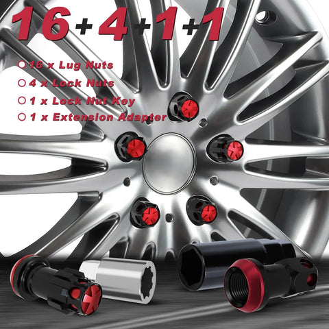 Heavy Duty Wheel Lug Nuts With Anti Theft Locks For Cars Includes Hex And Eight Point Spline Keys M12X1.25 22MM OD 45MM Height Tough Alloy Steel Red Black Look