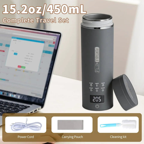 Gray travel electric kettle with 6 temperature presets, LCD display, 450ml capacity. Includes power cord, carrying pouch, cleaning kit.