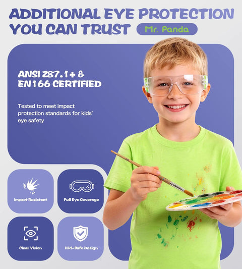 Rad 6 Pack Kids Safety Glasses Youth Protective Eyewear ANSI Z87 Certified worn by boy holding paintbrush and palette.