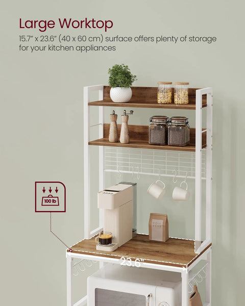 Multifunctional Bakers Rack With Built In Power Strip Microwave Stand And Coffee Station Setup showcases a large worktop for kitchen appliances.