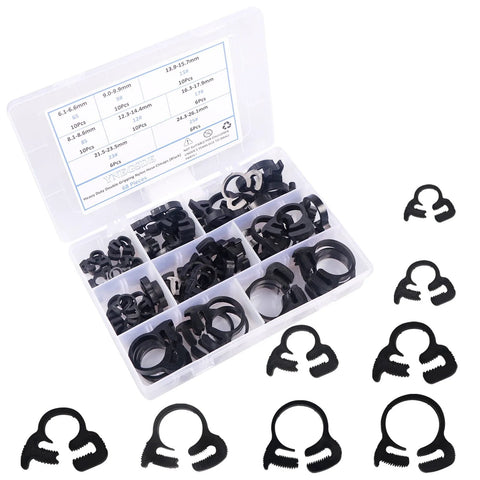 Heavy Duty Ratcheting Hose Clamp Set 6.1 To 26.1 Mm Adjustable Nylon Plastic Double Snap Grip 8 Size Kit With 68 Pieces