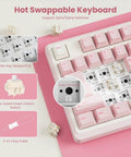 Top Shelf Wireless Mechanical Keyboard With Smart Screen And Rotary Knob, Gasket Mounted Hot Swap Tactile Switches Pre Lubed For Silky Typing, Triple Mode Bluetooth And Usb Setup, Compact 96 Percent Layout That Goes Hard For Gaming, showing hot swappable switches and key puller.