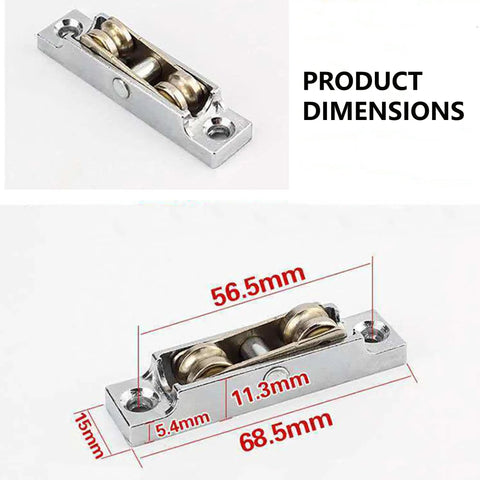 Dual Wheel Zinc Alloy Window Pulley And Sliding Door Replacement Rollers Engineered For Ultra Smooth Push Pull Operation with dimensions 56.5mm x 68.5mm.