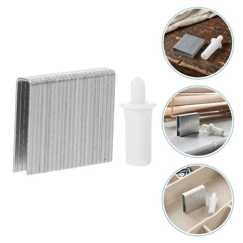 30 Piece Wood Blind And Shutter Fastener Repair Kit With Tilt Rod Pins, dowel pegs, and pivot hardware displayed, silver metal and white plastic.