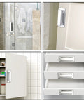 Two Piece Mirror Closet Door Pull Handles Adhesive Self Stick Clear Acrylic Knobs 5x2 in and 4x1 in installed on cabinets and drawers