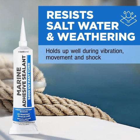 Fast Cure White Marine Adhesive Sealant 5200 tube on boat deck with text highlighting resistance to salt water and weathering.