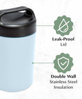Heavy Duty Double Wall Vacuum Sealed Stainless Steel Food Jar With Rugged Carry Handle Lid Keeps Your Lunch Sizzling Hot All Day Leakproof Grab And Go Sixteen Oz Sky Blue with black lid and leak-proof features.