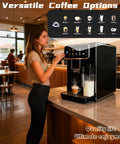 Top Shelf Fully Automatic Espresso Machine With Built In Grinder One Touch Cappuccino Latte Americano Self Cleaning No Drama Quick Grind Go To Coffee Station in cafe setting