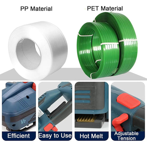 Handheld Electric Strapping Machine Portable Automatic Taping Tool With LCD Display For Boxes Pallets Hot Melting Sealer Heavy Duty Strap Gun Fast Easy Packing Setup with PP and PET materials.