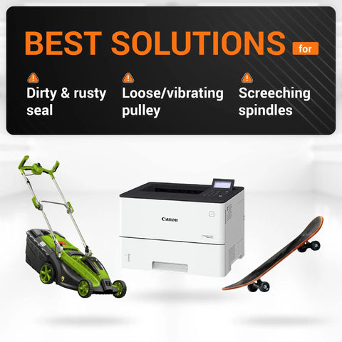 Image showing best solutions for dirty seals, vibrating pulleys and screeching spindles with a lawn mower, printer, and skateboard.