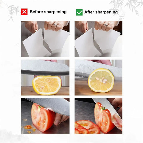 Before and after knife sharpening with Pro Grade Knife Sharpening Stone Kit With Double Sided Whetstones 400 1000 And 3000 8000.