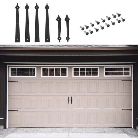 Decorative Garage Door Hinges And Handles Hardware Kit In Black Spear Style, Installed on Beige Garage Door, Includes Screws