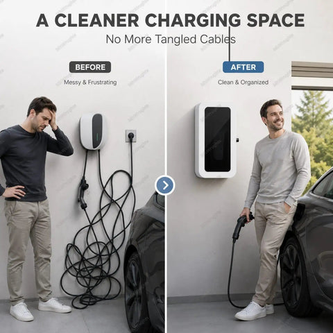 Rock Solid Outdoor EV Charger Wall Box Cover With Slick Combo Lock And Clear Viewing Window For Tesla Home Charging Stations before and after tidy charging space