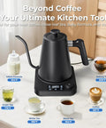 Gooseneck Electric Kettle With Precise Temperature Control Pro Grade 1L 1200W Fast Heating 24 Hour Keep Warm Auto Memory For 30 Minutes Food Grade Stainless Steel Pour Over Kettle For Coffee And Tea on a kitchen counter.
