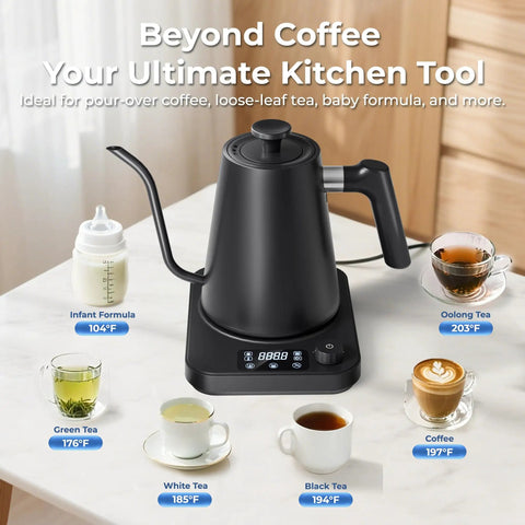 Gooseneck Electric Kettle With Precise Temperature Control Pro Grade 1L 1200W Fast Heating 24 Hour Keep Warm Auto Memory For 30 Minutes Food Grade Stainless Steel Pour Over Kettle For Coffee And Tea on a kitchen counter.