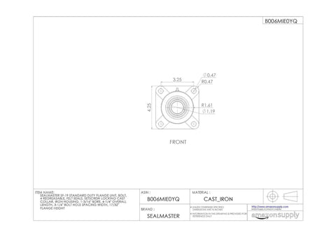 Beefy Standard Duty Cast Iron Flange Unit With Four Bolt Mount and Regreasable Deep Groove Ball Bearing Sealed, front view with dimensions.