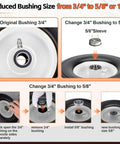10 Inch Solid Tire And Wheel 4.10/3.50-4 Puncture Proof Cart Wheels showing bushing size change from 3/4" to 5/8" for better fitting.