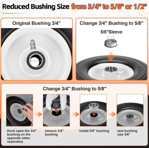 10 Inch Solid Tire And Wheel 4.10/3.50-4 Puncture Proof Cart Wheels showing bushing size change from 3/4" to 5/8" for better fitting.
