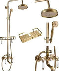 Exposed Tub And Shower Faucet Set With Shelf 8 Inch Rainfall Head Handheld Spray Tub Spout 3 Function Wall Mounted Antique Brass Double Lever Handle Stainless Steel And Solid Brass Boss Grade Construction 1.42 GPM.