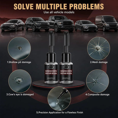 Hella Reliable Nano Glass Repair Fluid Windshield Fix Kit for various vehicle models with damage examples and applicators.
