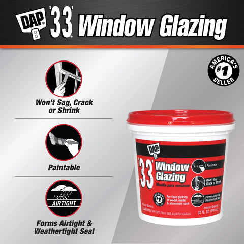 Ready To Use White Window Glazing Compound 32 Oz Tube in a container showcasing airtight and watertight features.