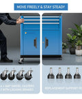 No Brainer Heavy Duty Rolling Tool Chest With Three Spacious Drawers And Double Doors Smooth Roll Casters secure lock and stackable connectors blue gear rig with swivel casters.