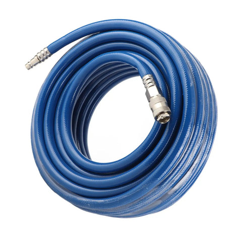 Rock Solid Heavy Duty 15 Meter Reinforce PVC Air Hose With Euro Quick Connect Coupler coiled with metal fittings for pneumatic tools.
