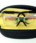 Kickass Double Layer Safety Glasses For CO2 Carbon Dioxide Laser Work With Hella Secure Optical Density Plus Six Protection and Slick Ninety Percent Clarity For Pro Grade Shop Jobs in a black protective case.