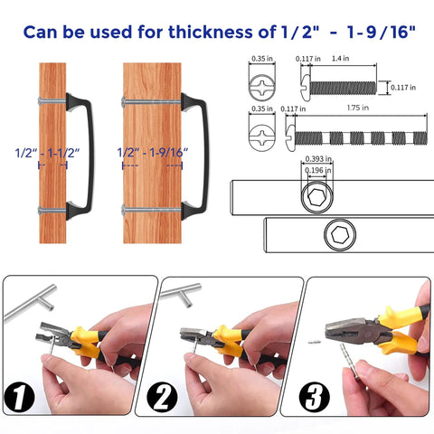 Solid 5 Inch Square Arch Cabinet Pulls Matte Black 30 Pack installation diagram with measurements and assembly steps.