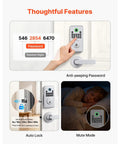 Secure Your Front Door With This Slick Silver Touch Fingerprint Deadbolt Keyless Entry Lock Featuring Foolproof Auto Lock Timing And Bright Led Guidance For Zero Fuss Smart Home Security, showcasing keypad features, auto lock and mute mode.