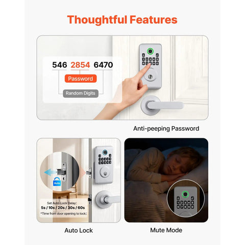Secure Your Front Door With This Slick Silver Touch Fingerprint Deadbolt Keyless Entry Lock Featuring Foolproof Auto Lock Timing And Bright Led Guidance For Zero Fuss Smart Home Security, showcasing keypad features, auto lock and mute mode.