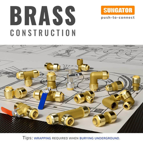 Assorted brass push-to-connect fittings on a blueprint, including Half Inch Push To Connect Tee Fittings Pack Of 2 No Lead Brass Tee Connector