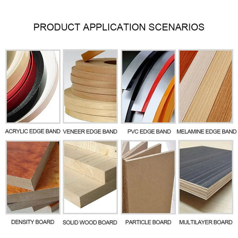 Various material edge bands and boards displayed for Portable Wood Edge Banding Machine With Intelligent Temperature Control 120 To 180C For Curve And Straight Edges Quick Setup Pro Grade No Fuss Woodworking Edge Bander That Boosts Efficiency.