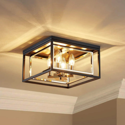 Modern Flush Mount Ceiling Light With E12 Base Three Lights Close To Ceiling Design Matte Black Exterior And Glossy Gold Inner Finish 12x12x7 Inches Sleek Dope Vibe For Living Room Hallway Or Entry