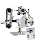 Slick 1x30 Inch Belt Bench Grinder And Sander Driven By A Brushless Motor showing metal frame and adjustable components for precise sanding.