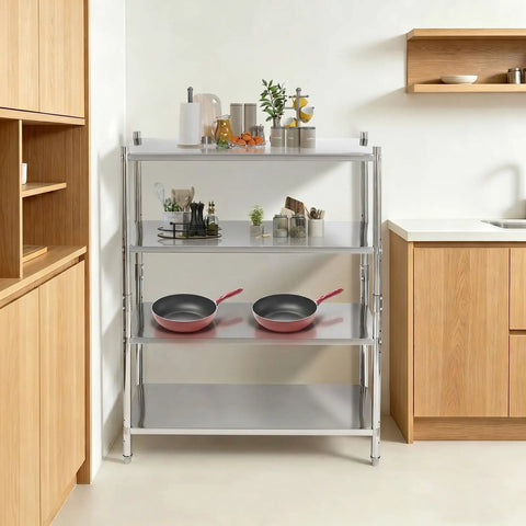 Knockout Four Tier Stainless Steel Shelving Rack With Adjustable Heights And Rock Solid 330 Pounds Heavy Duty Frame Built Tough For Garage Basement Or Kitchen Space Saving Storage Silver in kitchen setting with cookware.