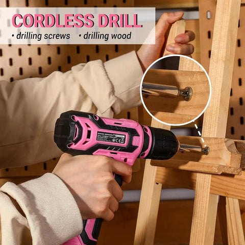 Badass Pink 12V Cordless Drill Driver Kit for Women With Legit Storage Case Built for Weekend Warriors and DIY Besties Ready to Nail Any Home Project Smooth Operator Heavy Duty Repair Tool Set Renewed drilling into wood.