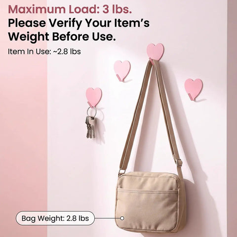 Super Sweet Pink Heart Wall Hooks 10 Pack Adhesive Hangars For Heavy Keys Towels Jackets And Bags Freakin Cute Decorative Storage Organizer For Bathroom Bedroom Or Entryway That Totally Slays Everyday Life with bag and keys.